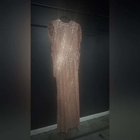 Mac Duggal High Neck Puff Sleeve Copper Evening Gown - Picture 3 of 12